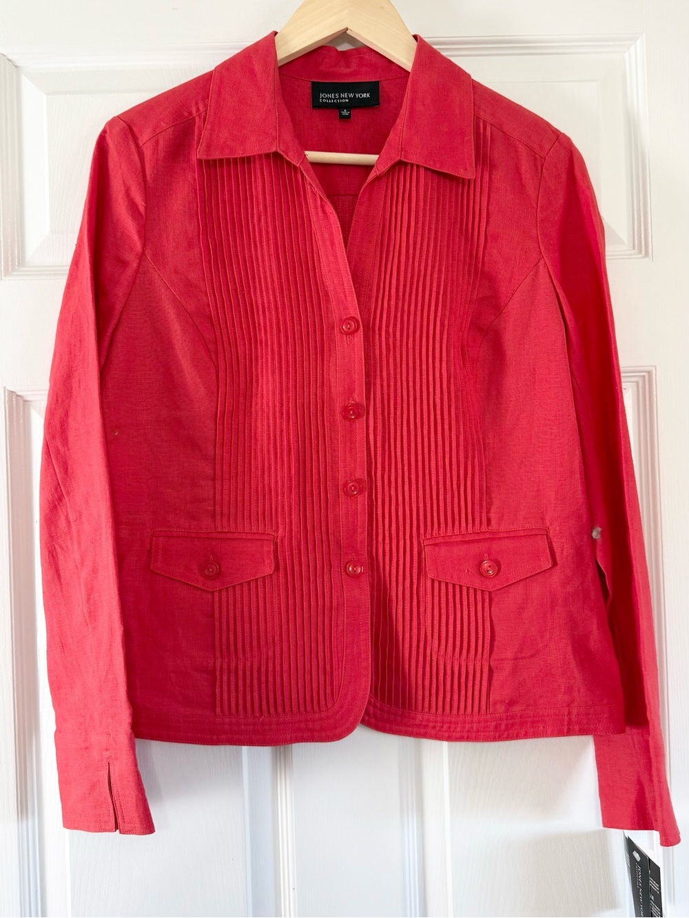 NWT Jones New York 100% LINEN Dark Coral Red Pin-tuck Blazer Size 6